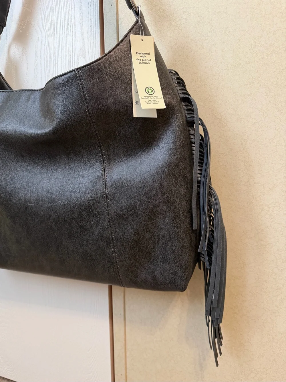 NO BOUNDARIES Faux Leather Oversized Moto Gobo Bag with Fringe NWT